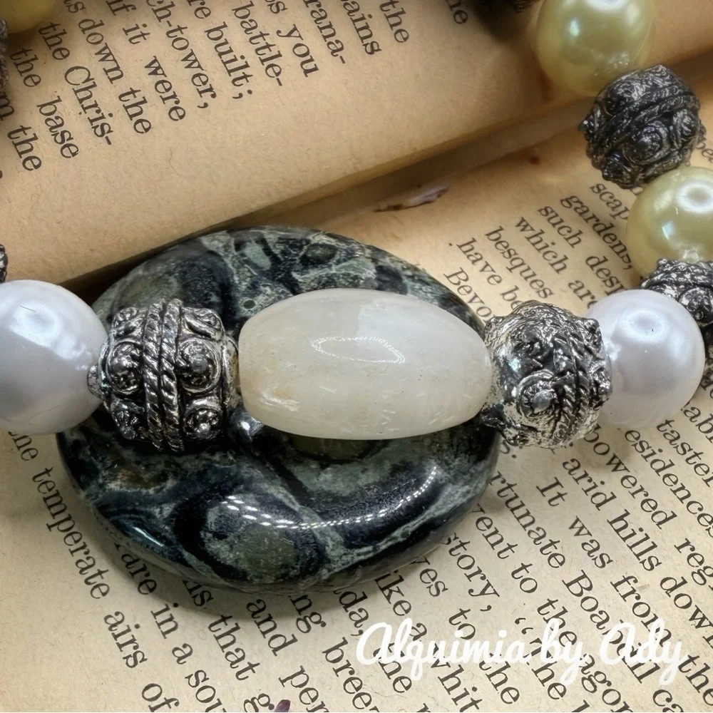 Statement Silver and Cream phantom quartz Pearl Bracelet